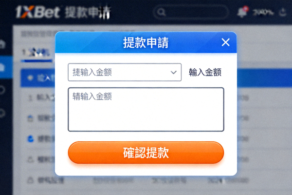 1xBet 提款申請提交頁面截圖，顯示輸入金額和確認提款的按鈕