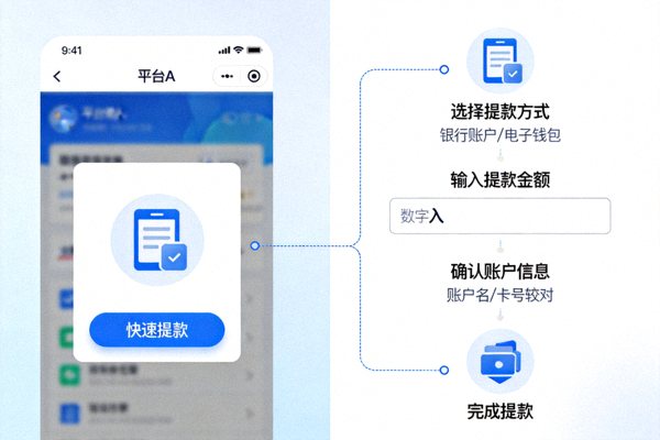 平台A簡潔現代化的使用者介面與快速提款流程示意圖